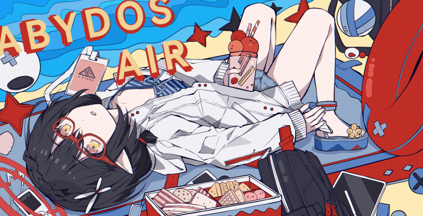 abigcarrot_owo absurdres ayane_(blue_archive) ayane_(swimsuit)_(blue_archive) bikini black_hair blue_archive blue_shorts food front-tie_bikini_top front-tie_top halo highres lying official_alternate_costume open_clothes open_shirt orange_eyes red-framed_eyewear red_halo seaside shirt short_hair shorts striped_bikini striped_clothes swimsuit white_shirt