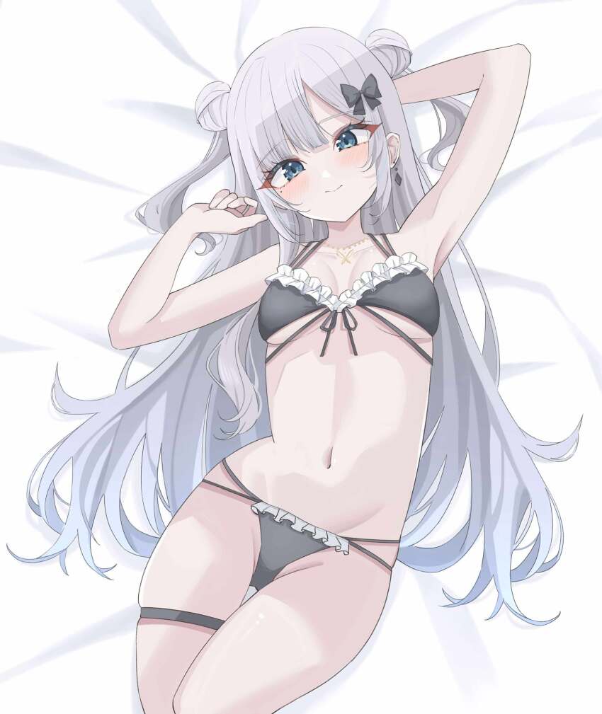1girl arm_behind_head arm_up armpits bed_sheet bikini black_bow blue_eyes blunt_bangs bow breasts cleavage closed_mouth commentary double_bun dreamoon earrings frilled_bikini frills front-tie_bikini_top front-tie_top grey_hair hair_bow hair_bun hand_up has_bad_revision has_cropped_revision highres jewelry kaga_sumire kaga_sumire_(summer_c102) long_hair looking_at_viewer lying medium_breasts multi-strapped_bikini_bottom multi-strapped_bikini_top navel necklace official_alternate_costume on_back parted_bangs side_up_bun single_earring smile solo swimsuit thigh_strap two_side_up very_long_hair virtual_youtuber vspo!