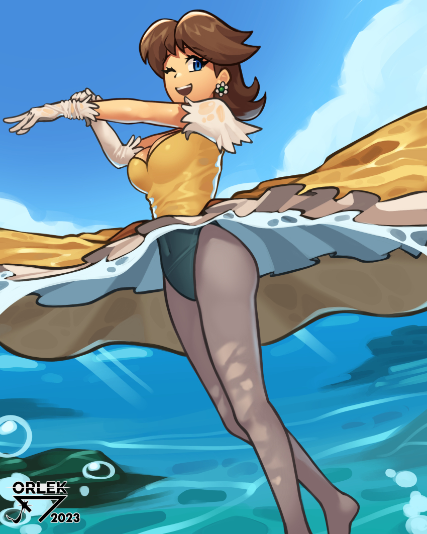 1girl absurdres bikini blue_eyes breasts brown_hair cleavage covered_navel earrings flipped_hair flower_earrings gloves highres jewelry legs looking_at_viewer mario_(series) medium_hair nintendo ocean one_eye_closed open_mouth orlek panties princess_daisy puffy_sleeves short_sleeves standing swimsuit underwear upskirt water white_gloves wink