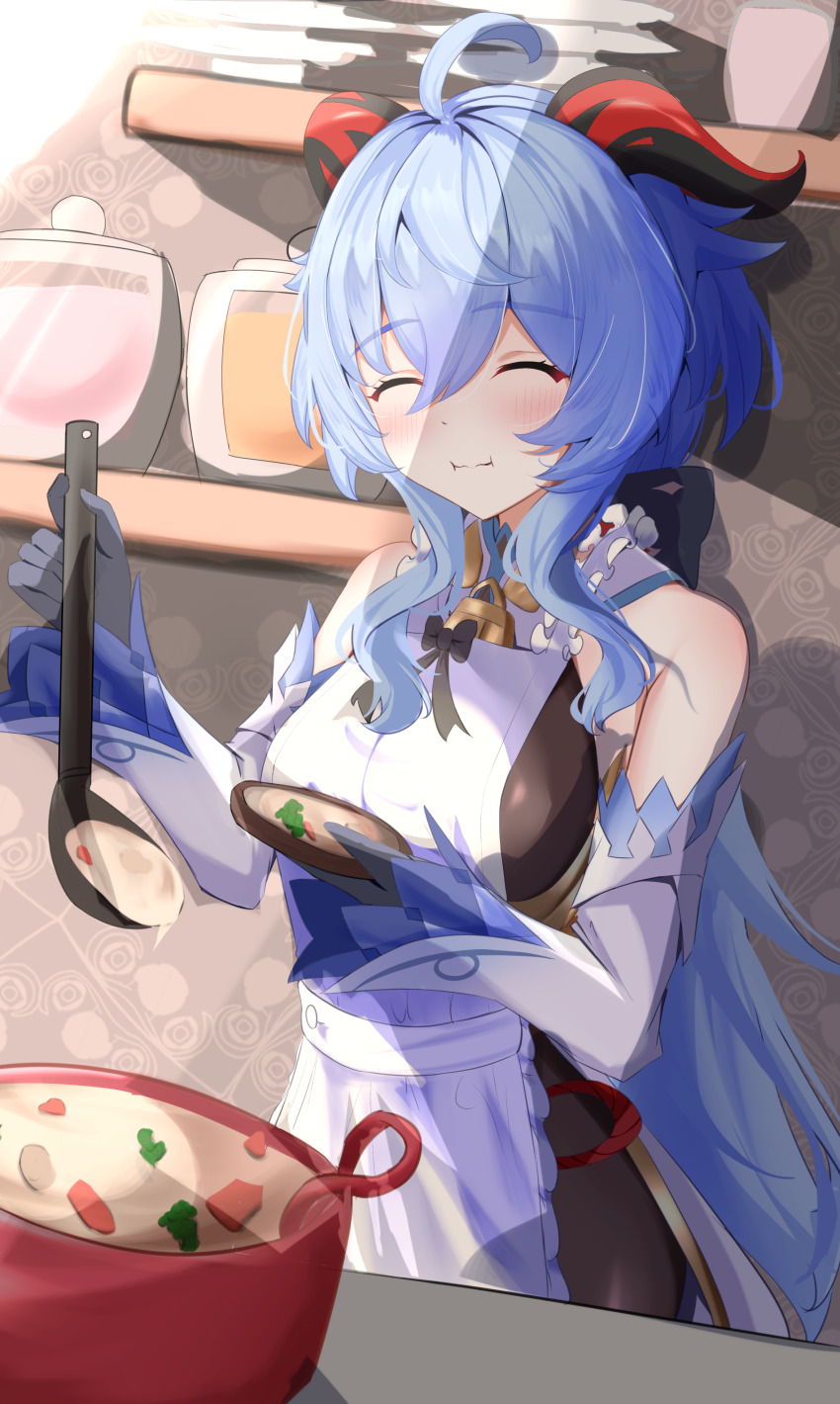 1girl absurdres bare_shoulders black_gloves blue_hair blush breasts closed_eyes cooking eating food ganyu_(genshin_impact) genshin_impact gloves goat_horns highres horns large_breasts long_hair moni_(moni7475) soup soup_ladle