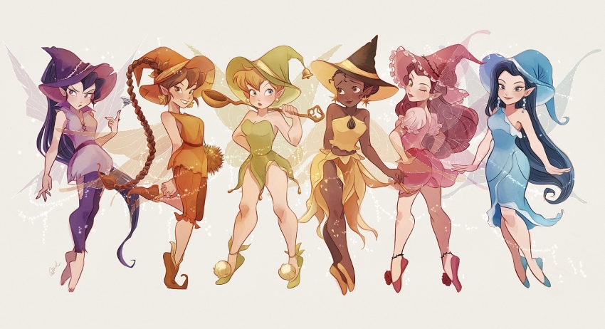 bare_shoulders barefoot black_hair blonde_hair blue_eyes braid breasts brown_eyes brown_hair cleavage commentary_request dark-skinned_female dark_skin disney_fairies_(film_series) dress earrings fairy fairy_wings fawn_(disney) frown green_dress halterneck hat highres holding holding_spoon iridessa_(disney) jewelry long_dress long_hair medium_breasts melchencanto pants pointy_ears pointy_footwear puffy_short_sleeves puffy_sleeves purple_eyes purple_hair purple_pants red_hair rosetta_(disney) short_dress short_sleeves side_slit silvermist single_braid smile spoon strapless strapless_dress tinker_bell_(disney) tunic v-shaped_eyebrows very_long_hair vidia walt_disney&#039;s_peter_pan wings witch_hat