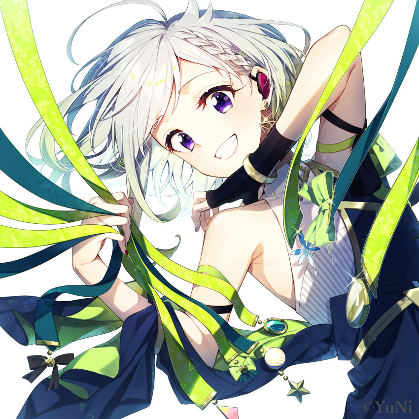 1girl black_dress black_gloves black_nails braid dress dutch_angle earrings fingerless_gloves gloves grey_hair grin highres jewelry looking_at_viewer multicolored_nails nail_polish purple_eyes red_nails sakuragi_ren shirt simple_background single_glove sleeveless sleeveless_dress sleeveless_shirt smile solo twitter_username virtual_youtuber white_background white_shirt yuni_(yuni_channel) yuni_channel