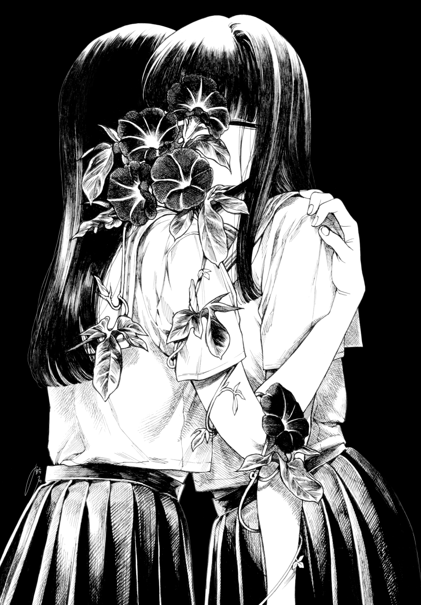 2girls absurdres ameishi ballpoint_pen_(medium) black_background blunt_ends closed_eyes commentary_request flower greyscale hand_on_another&#039;s_shoulder highres hug monochrome morning_glory multiple_girls original pen_(medium) pleated_skirt skirt traditional_media