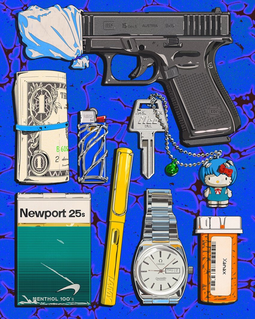 ayanami_rei ayanami_rei_(cosplay) banknote blood blue_background character_charm charm_(object) cigarette_pack cosplay dollar_bill drugs glock gun handgun hello_kitty hello_kitty_(character) highres key lighter money neon_genesis_evangelion newport_(cigarette) no_humans object_focus original pen pill_bottle rubber_band rudcef sanrio still_life watch weapon