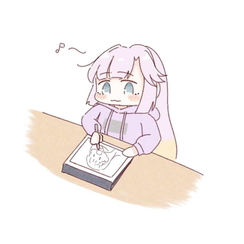 1girl :3 amano_tatsu anyoji_hime anyoji_hime_(winter_loungewear) blonde_hair blue_eyes blunt_bangs blush closed_mouth commentary drawing_(action) eighth_note gradient_hair highres hood hood_down hoodie kachimachi_kosuzu link!_like!_love_live! long_hair long_sleeves love_live! multicolored_hair musical_note pink_hair purple_hoodie sidelocks simple_background smile solo swept_bangs table very_long_hair virtual_youtuber white_background |_|