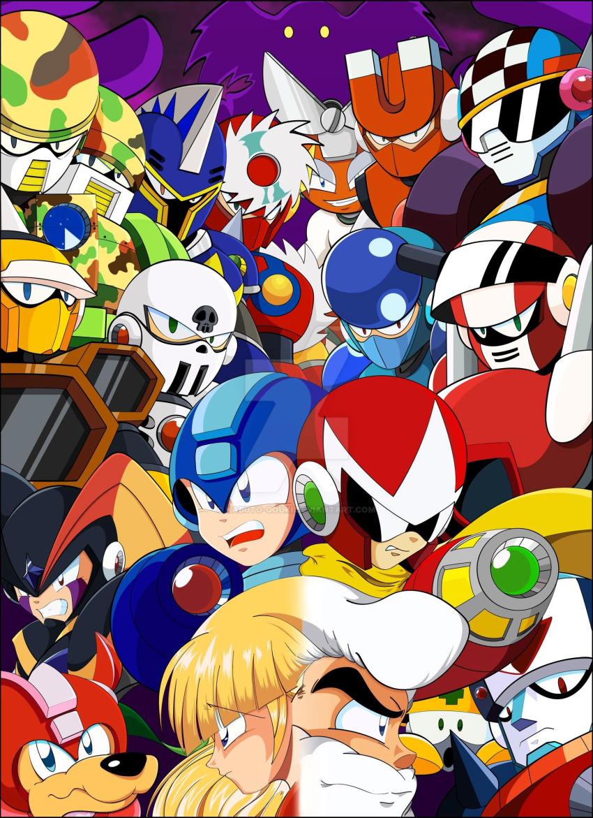 2boys angry arm_cannon bass_(mega_man) beard blonde_hair blue_eyes crystal_man cut_man dog dr._light_(mega_man) dr._wily_(mega_man) duo_(mega_man) facial_hair frown grin helmet highres hornet_man knight_man magnet_man male_focus mega_man_(character) mega_man_(classic) mega_man_(series) mega_man_10 mega_man_2 mega_man_3 mega_man_4 mega_man_5 mega_man_6 mega_man_7 mega_man_8 mega_man_9 met_(mega_man) metal_man multiple_boys nitro_man non-humanoid_robot old old_man proto_man protoman_(rockman) red_eyes robot robot_animal robot_ears robot_girl rockman_(game) roll_(mega_man) rush_(mega_man) search_man serious skull_man smile sunglasses turbo_man weapon white_hair
