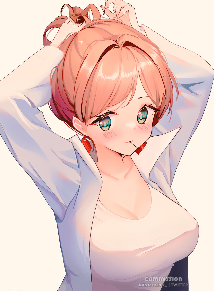 1girl adjusting_hair arms_up professor_juniper blush breasts closed_mouth coat commentary commission earrings eyelashes green_eyes highres holding jewelry kana_yukino large_breasts long_sleeves mature_female mouth_hold nintendo open_clothes open_coat orange_hair pokemon pokemon_bw shirt short_hair simple_background solo sparkle upper_body watermark white_background white_shirt