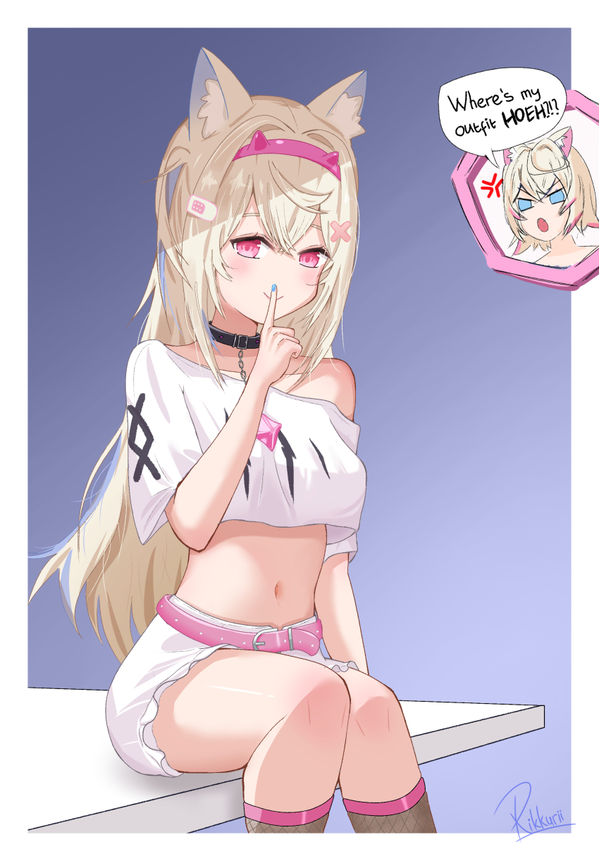 2girls absurdres animal_ear_fluff animal_ears artist_name blonde_hair blue_hair blue_nails blush c: commentary cosplay cropped_shirt dog_ears dog_girl english_commentary english_text finger_to_mouth fishnet_socks fishnets fuwawa_abyssgard hairband highres hololive hololive_english long_hair looking_at_viewer mococo_abyssgard mococo_abyssgard_(cosplay) multicolored_hair multiple_girls nail_polish navel off-shoulder_shirt off_shoulder pink_eyes pink_hairband rikku_asutorii shirt shorts shushing sitting smile socks solo_focus speech_bubble streaked_hair thighs virtual_youtuber white_shirt white_shorts