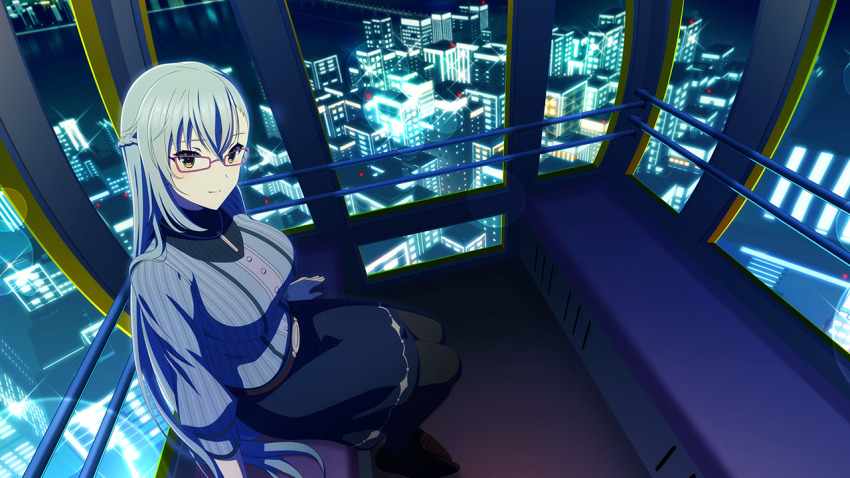 1girl black_pantyhose blue_skirt braid breasts building city_lights closed_mouth ferris_wheel_interior game_cg glasses grey_hair grey_sweater hair_between_eyes half_up_braid jewelry kitora_mirja large_breasts long_hair long_sleeves looking_at_viewer necklace night official_art orange_eyes pantyhose sitting skirt smile solo sweater toji_no_miko toji_no_miko:_kizamishi_issen_no_tomoshibi