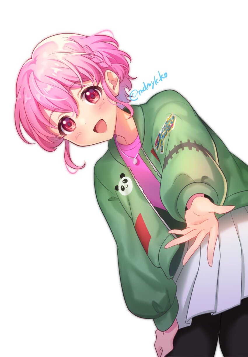 1boy :d braid cowboy_shot crossdressing crossdressing_(mtf) green_jacket hand_on_own_leg highres jacket jewelry leaning_forward long_sleeves looking_at_viewer male_focus mendamen mole mole_under_eye necklace offering_hand open_hand open_mouth outstretched_arm pink_eyes pink_hair pink_shirt pleated_skirt pretty_series pripara reaching reaching_towards_viewer reona_west shirt short_hair side_braid simple_background skirt smile solo standing trap white_background white_skirt