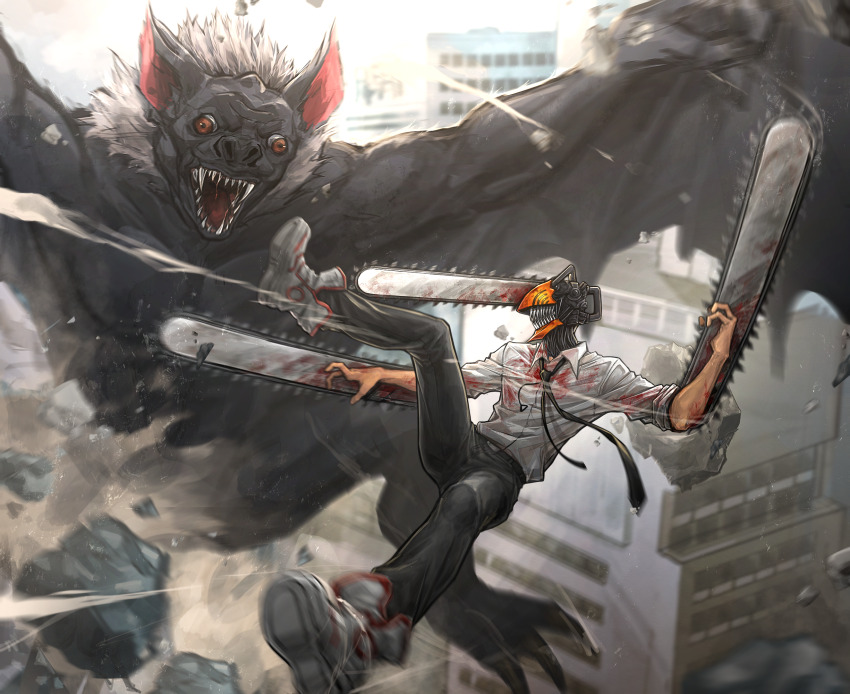 1boy alternate_form animal bat_(animal) bat_devil_(chainsaw_man) battle black_necktie black_pants blood blood_on_clothes bloody_weapon brown_eyes building chainsaw chainsaw_man collared_shirt debris deka_yo denji_(chainsaw_man) destruction glowing glowing_eye hands_up highres male_focus midair monster neck_fur necktie open_mouth outdoors oversized_animal pants sharp_teeth shirt shirt_tucked_in sleeves_rolled_up teeth weapon white_shirt yellow_eyes