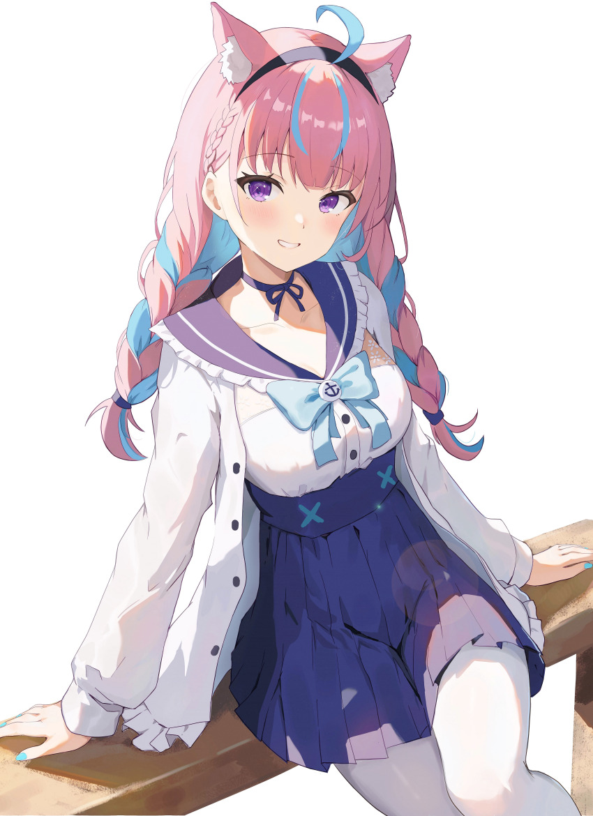 1girl absurdres ahoge anchor_print anchor_symbol animal_ears aqua_nails black_hairband blue_bow blue_hair blue_ribbon blue_sailor_collar blue_skirt bow braid breasts brooch cat_ears chris_preston coat collarbone colored_inner_hair commentary fingernails frilled_coat frilled_sailor_collar frills hair_ribbon hairband high-waist_skirt highres hololive jewelry large_breasts light_blue_hair long_hair long_sleeves looking_at_viewer minato_aqua minato_aqua_(sailor) multicolored_hair nail_polish neck_ribbon official_alternate_costume open_clothes open_coat pantyhose pink_hair purple_eyes raised_eyebrows revision ribbon sailor_collar shirt simple_background sitting skirt sleeves_past_wrists smile solo streaked_hair teeth twin_braids twintails two-tone_hair virtual_youtuber white_background white_coat white_pantyhose white_shirt