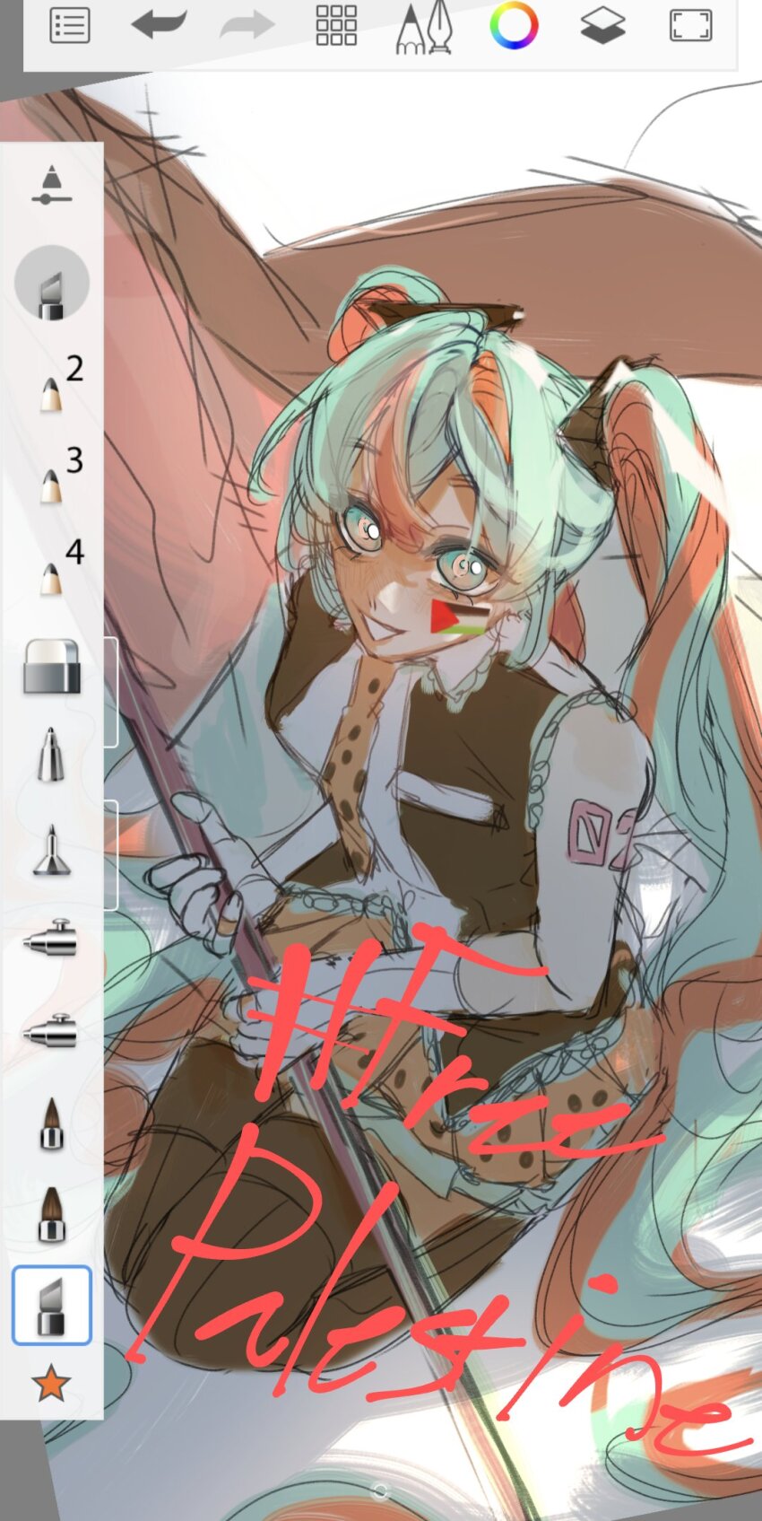1girl :d adapted_costume alternate_color alternate_costume alternate_hair_color arm_tattoo art_program_in_frame black_shirt brown_thighhighs commentary denjisfag double-parted_bangs english_commentary english_text flag food_print foreground_text from_above fruit_print full_body gloves green_eyes green_hair hashtag hatsune_miku highres holding holding_flag israel-hamas_war long_hair looking_at_viewer miniskirt multicolored_hair necktie number_tattoo open_mouth orange_hair orange_necktie orange_pupils orange_skirt palestinian_flag pleated_skirt politics polka_dot polka_dot_necktie polka_dot_skirt seiza shade shirt sidelighting sitting sketch skirt sleeveless sleeveless_shirt smile solo tattoo thighhighs twintails two-handed two-tone_hair very_long_hair vocaloid watermelon_print white_background white_gloves