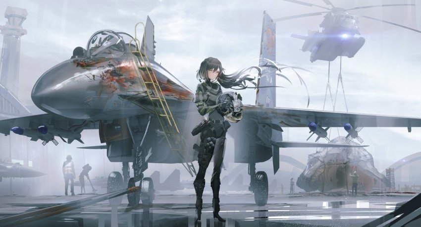 1girl aircraft airplane black_footwear black_hair boots brown_eyes ch-53 commentary dragon fantasy fighter_jet fox helicopter helmet holding holding_helmet holster long_hair long_sleeves military military_vehicle multiple_others original outdoors overcast pilot_suit pouch sky su-35 swav vehicle_focus vehicle_request wind