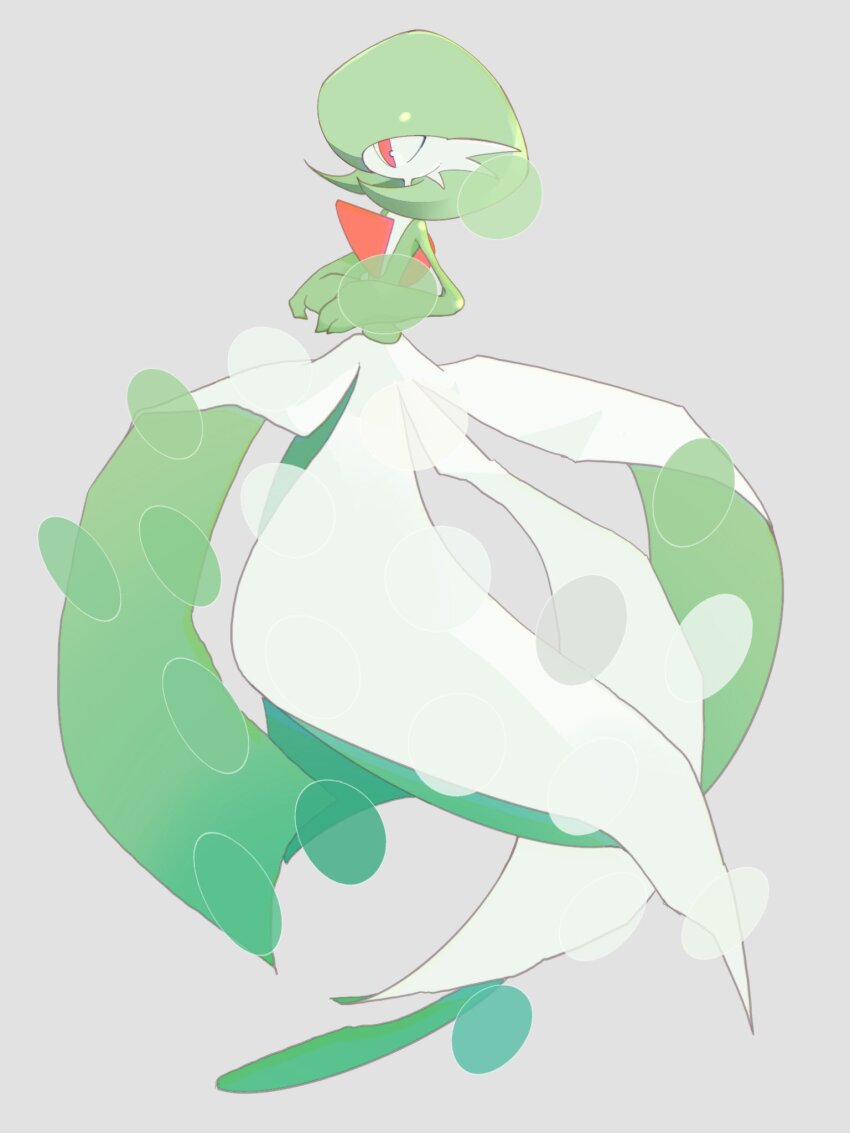 bob_cut colored_skin dress from_side gardevoir gen_3_pokemon green_hair green_skin grey_background highres multicolored_skin mxlaghrsuk33yws nintendo pink_eyes pokemon pokemon_(creature) simple_background two-tone_skin white_dress white_skin
