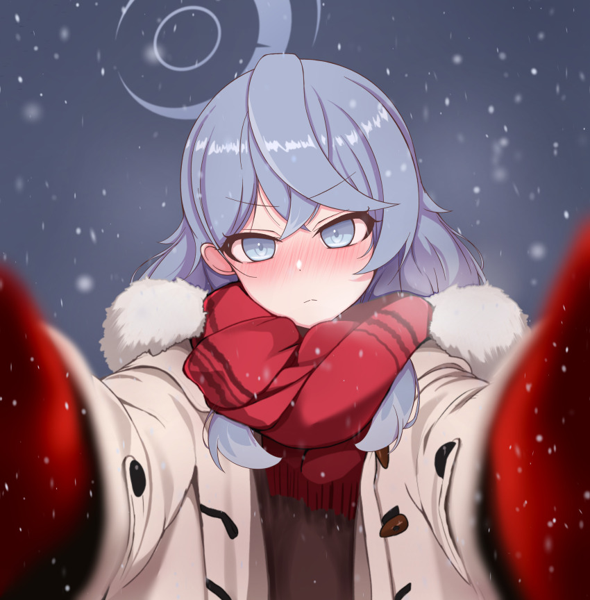 1girl absurdres ako_(blue_archive) alternate_costume blue_archive blue_eyes blue_hair blush coat duffel_coat enpera fur-trimmed_coat fur_trim gbr20210907 halo highres looking_at_viewer meme nose_blush outdoors pov pov_cheek_warming_(meme) reaching reaching_towards_viewer red_scarf scarf snowing upper_body white_coat