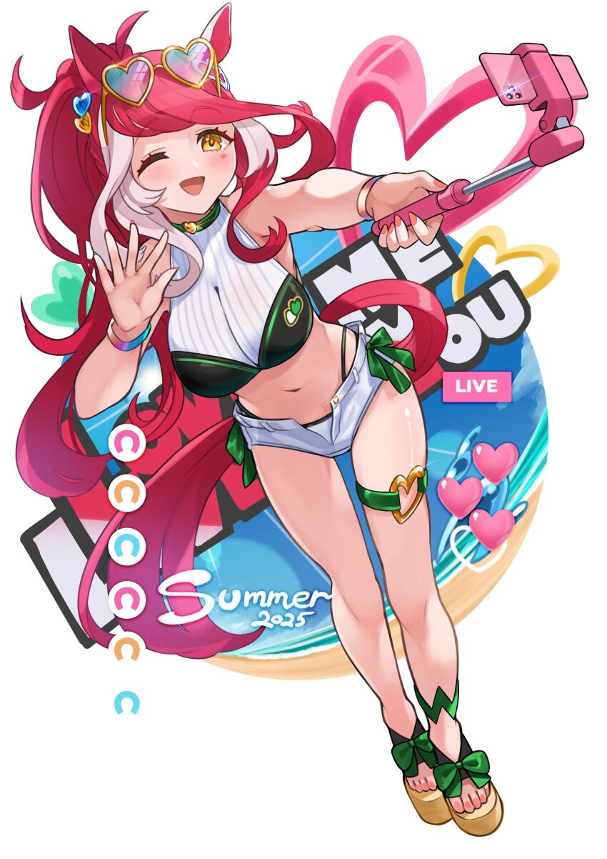 1girl 2025 absurdres animal_ears breasts commentary_request full_body heart highres horse_ears horse_girl horse_tail large_breasts long_hair loves_only_you_(umamusume) navel one_eye_closed red_hair sandals selfie selfie_stick shorts solo swimsuit tail umamusume waving yellow_eyes yokoji_(kodai2015)