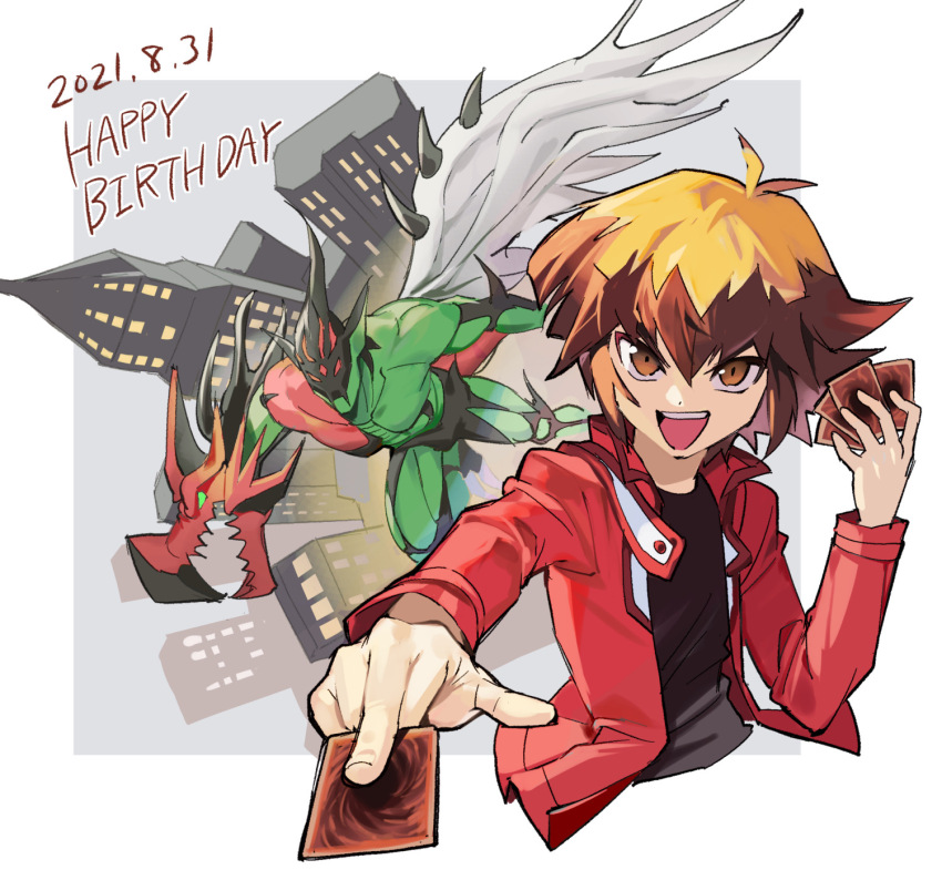 2boys aruk black_shirt brown_eyes brown_hair building card cropped_torso dated elemental_hero_flame_wingman fingernails hair_between_eyes happy_birthday highres holding holding_card jacket long_sleeves looking_at_viewer male_focus multiple_boys open_mouth playing_card red_jacket shirt short_hair skyscraper teeth upper_teeth_only white_wings wings yu-gi-oh! yu-gi-oh!_gx yuki_judai