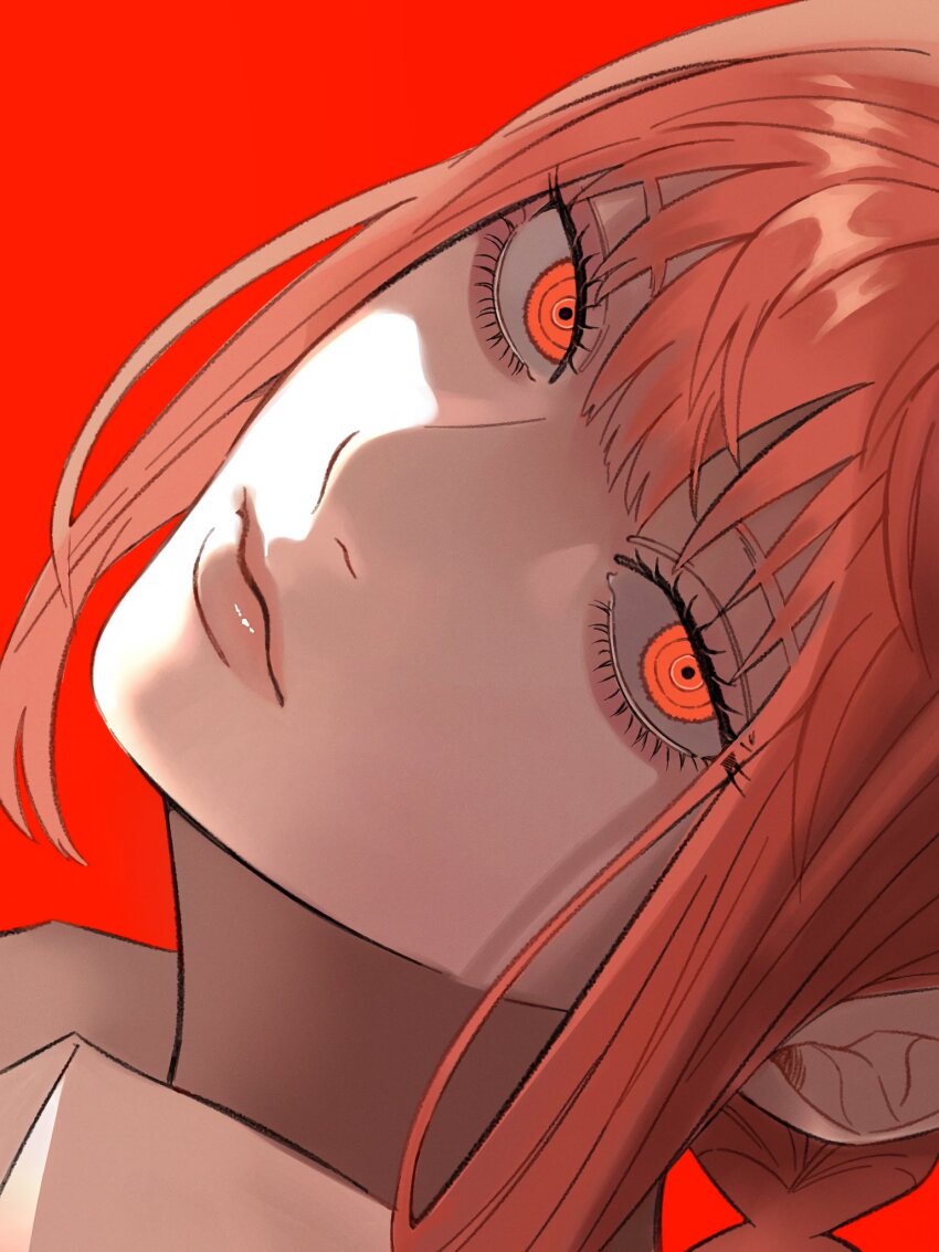 1girl braid chainsaw_man close-up commentary eyelashes highres lips llq9ull makima_(chainsaw_man) orange_eyes orange_hair portrait red_background ringed_eyes single_braid solo symbol-only_commentary