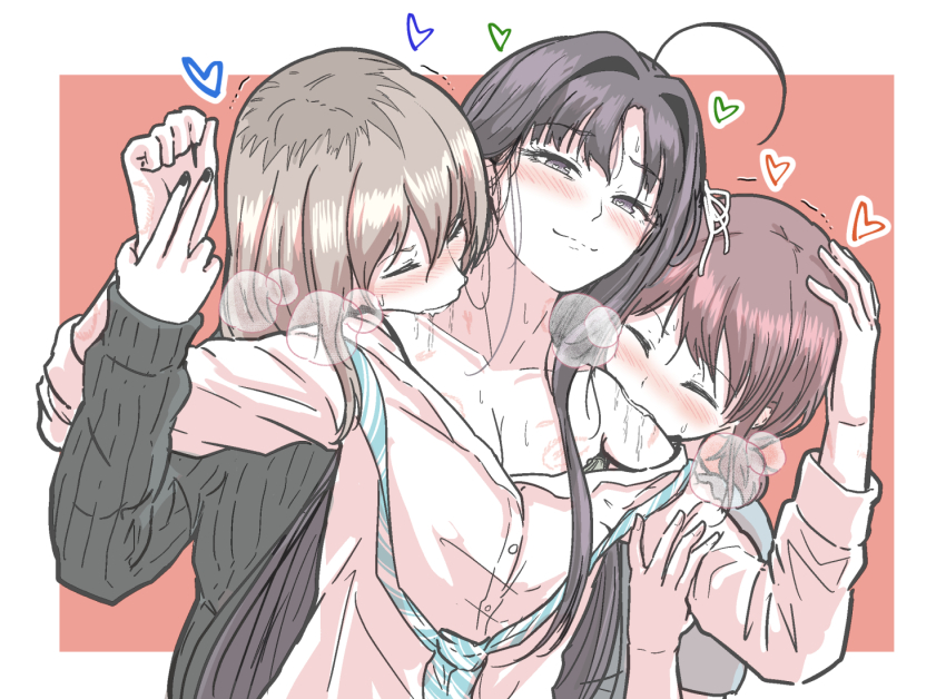 3girls 5tb ahoge awa_subaru bite_mark bite_mark_on_arm bite_mark_on_breast bite_mark_on_neck biting biting_shoulder black_hair black_sweater blue_necktie blush border brown_hair closed_eyes closed_mouth commentary_request diagonal-striped_clothes diagonal-striped_necktie dress_shirt girls_band_cry grey_hair hand_on_another&#039;s_head heart heart-shaped_pupils iseri_nina kawaragi_momoka long_hair long_sleeves low_twintails multicolored_hair multiple_girls neck_biting necktie off_shoulder outside_border parted_bangs polyamory purple_eyes red_background roots_(hair) saliva shirt short_hair short_twintails simple_background striped_clothes sweater symbol-shaped_pupils teeth twintails undone_necktie white_border white_shirt yuri