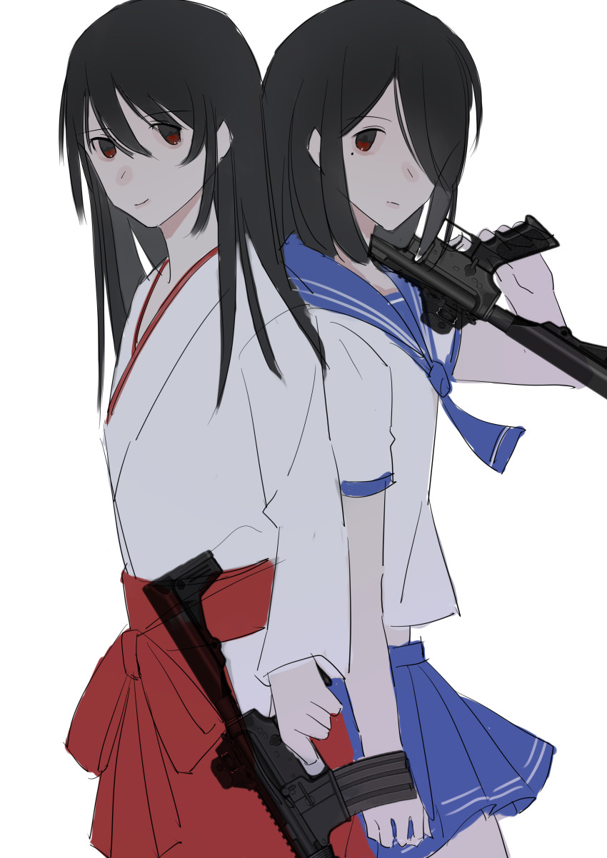 2girls :/ absurdres arm_at_side assault_rifle back-to-back black_hair blue_neckerchief blue_sailor_collar blue_skirt brown_eyes chinese_commentary cihe185404 closed_mouth cowboy_shot expressionless finger_on_trigger gun hair_between_eyes hair_over_one_eye hakama hakama_skirt highres holding holding_gun holding_weapon japanese_clothes kimono kinki_spiritual_affairs_bureau long_hair long_sleeves looking_at_viewer looking_to_the_side m4_carbine medium_hair miko mole mole_under_eye multiple_girls neckerchief over_shoulder pleated_skirt red_hakama rifle sailor_collar school_uniform serafuku shiraishi_mizuki shirt short_sleeves simple_background skirt smile standing weapon weapon_over_shoulder weapon_request white_background white_kimono white_shirt