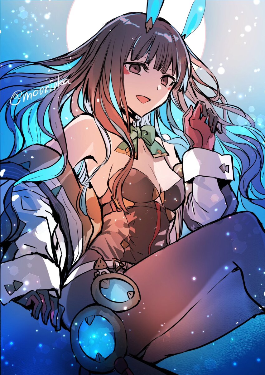 animal_ears black_hair black_leotard blue_hair brown_pantyhose colored_inner_hair eyeliner fate/grand_order fate_(series) grey_eyes highleg highleg_leotard highres jacket leotard makeup multicolored_hair multicolored_jacket multicolored_leotard pantyhose playboy_bunny rabbit_ears rioka_(southern_blue_sky) tenochtitlan_(fate) tenochtitlan_(swimsuit_mooncancer)_(fate) tenochtitlan_(swimsuit_mooncancer)_(third_ascension)_(fate) two-sided_gloves two-tone_jacket yellow_jacket