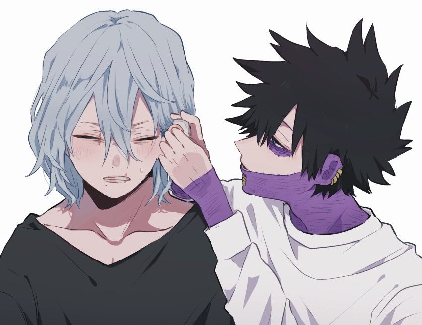 2boys ametaro_(ixxxzu) black_hair black_shirt blue_eyes boku_no_hero_academia burn_scar cheek_piercing closed_eyes dabi_(boku_no_hero_academia) face_piercing grey_hair highres male_focus medium_hair multiple_boys multiple_scars piercing scar scar_on_face shigaraki_tomura shirt short_hair simple_background spiked_hair staple stapled sweat white_background white_shirt wrinkled_skin