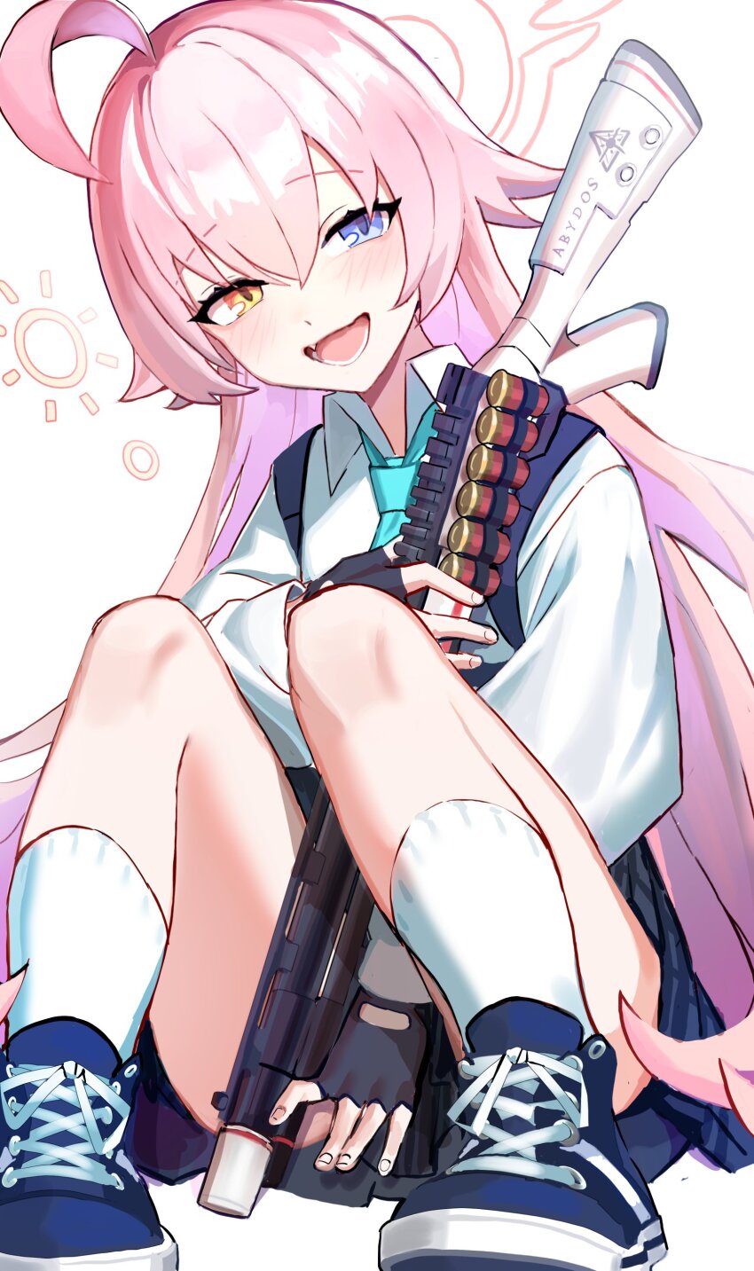 1girl absurdres ahoge aqua_necktie black_gloves black_skirt blue_archive blue_eyes blue_shoes blush collared_shirt fang fingerless_gloves franz2543 gloves gun hair_between_eyes halo heterochromia highres holding holding_gun holding_weapon hoshino_(blue_archive) long_hair looking_at_viewer necktie open_mouth orange_eyes pink_hair shirt shoes shotgun simple_background sitting skirt socks solo weapon white_background white_shirt white_socks