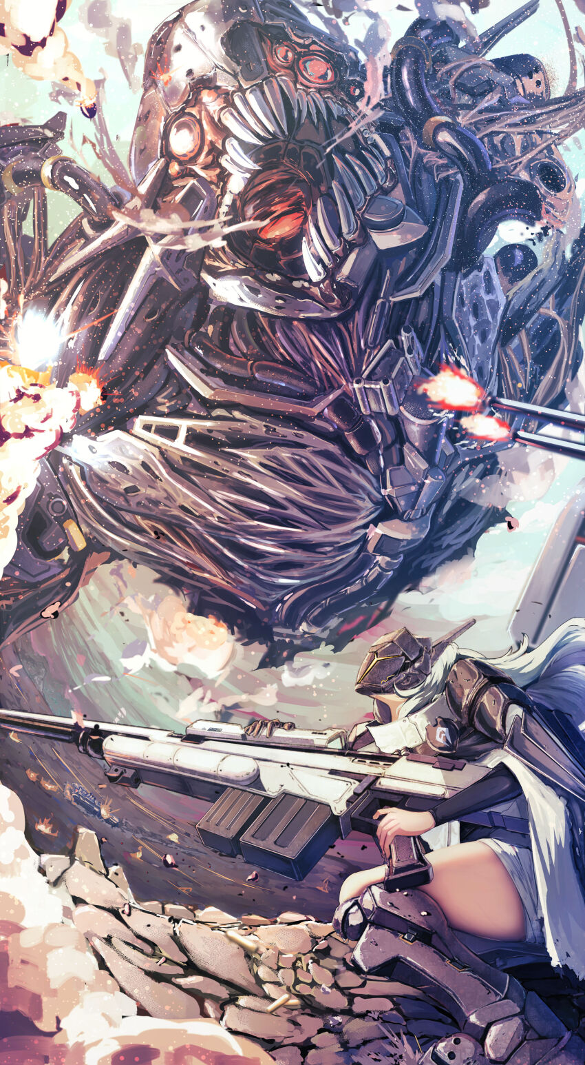 1girl 1other absurdres armor armored_boots black_footwear black_gloves black_sleeves boots chatterbox_(nikke) collar commentary_request crack cracked_floor dust_cloud explosion facing_up firing gloves goddess_of_victory:_nikke gun high_collar highres holding holding_gun holding_weapon long_hair long_sleeves looking_up mask monster mouth_mask on_ground open_mouth pectorals pilgrim_symbol_(nikke) pta rapture_(nikke) red_eyes rifle scenery science_fiction sharp_teeth shoulder_armor sniper_rifle snow_white_(nikke) solo_focus teeth thighs weapon white_collar white_hair