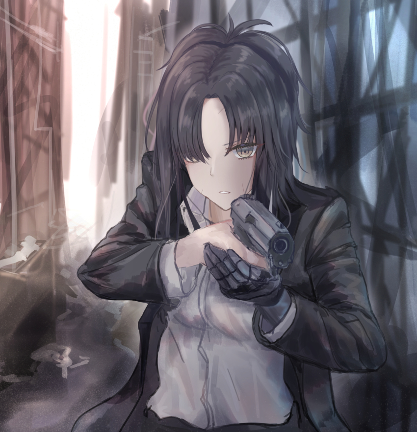 1girl absurdres aiming angelia_(girls&#039;_frontline) black_hair black_jacket breasts brown_eyes collared_shirt commentary_request expressionless girls&#039;_frontline gun hair_over_one_eye handgun highres holding holding_gun holding_weapon jacket long_hair long_sleeves looking_at_viewer martinreaction mechanical_arms medium_hair open_clothes open_jacket outdoors parted_lips shirt sidelocks single_mechanical_arm solo upper_body weapon white_shirt