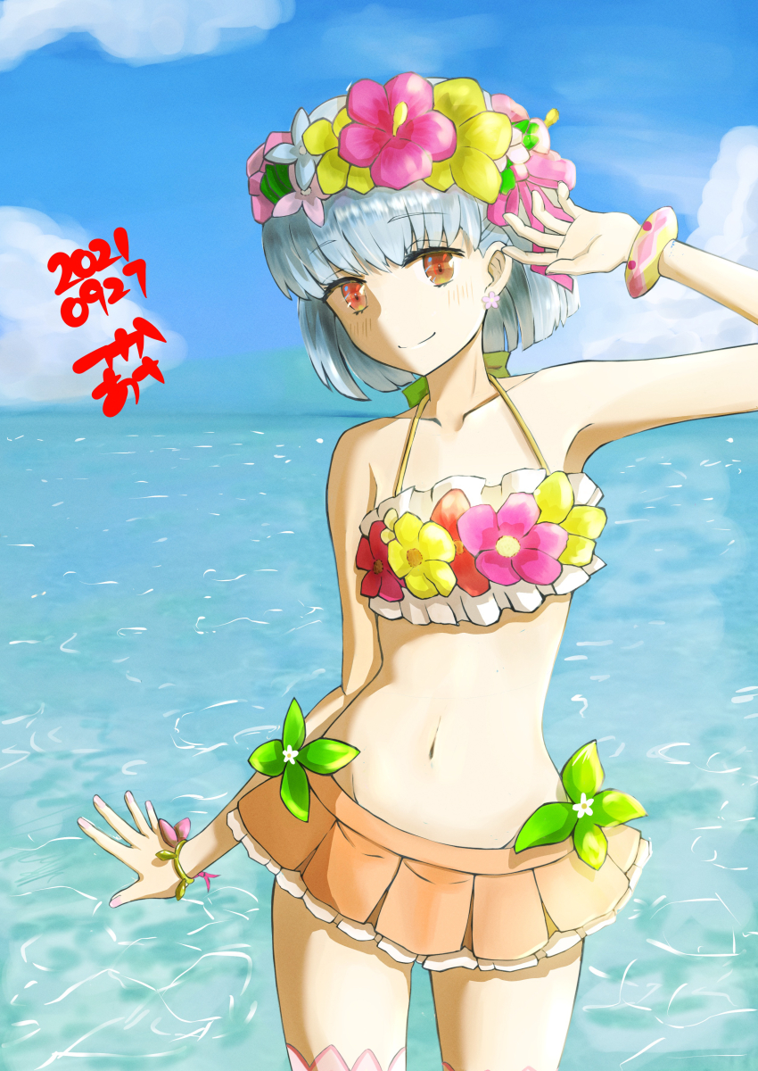 1girl absurdres bikini bikini_skirt blue_hair bracelet closed_mouth cloud collarbone cowboy_shot dated earrings fate/grand_order fate_(series) flower_bikini flower_earrings hair_ornament halterneck head_wreath highres jewelry kama_(fate) kama_(swimsuit_avenger)_(first_ascension)_(fate) looking_at_viewer navel ocean orange_eyes orange_skirt pink_nails short_hair skirt sky smile solo swimsuit tsukaasa