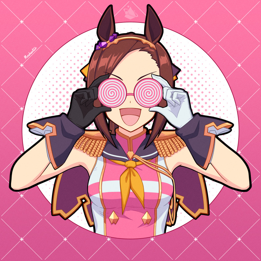 1girl @_@ absurdres animal_ears arms_up asymmetrical_gloves bespectacled black_gloves breasts brown_hair commentary ear_ornament english_commentary epaulettes glasses gloves highres horse_ears horse_girl jacket long_hair looking_at_viewer medium_breasts mismatched_gloves mouhantain multicolored_jacket neckerchief open_mouth pink_background sakura_bakushin_o_(umamusume) sleeveless sleeveless_jacket smile solo two-tone_background two-tone_jacket umamusume v-shaped_eyebrows white_background white_gloves yellow_neckerchief