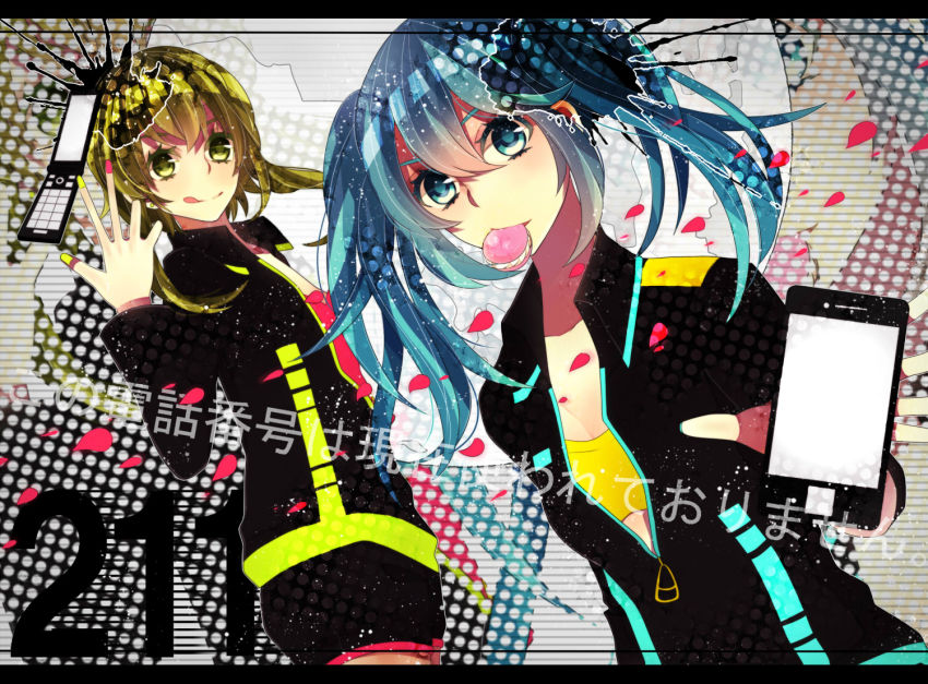 2girls :q aqua_eyes aqua_hair cellphone earrings food green_eyes green_hair gumi hatsune_miku jewelry letterboxed macaron mocha_(makoume) mouth_hold multiple_girls nail_polish noushou_sakuretsu_girl_(vocaloid) phone short_hair tongue tongue_out twintails vocaloid