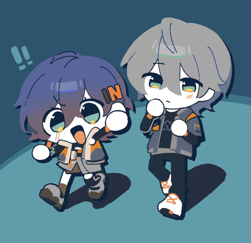 ! !! 1boy 1girl belle_(zenless_zone_zero) black_jacket black_pants black_shirt black_thighhighs blue_hair blue_jacket blush brother_and_sister chibi chibi_only closed_eyes commentary crossed_bangs english_commentary frown fuburger green_eyes grey_hair hair_between_eyes highres hood hooded_jacket indonesian_commentary jacket looking_at_viewer mixed-language_commentary open_mouth pants shirt shoes siblings single_thighhigh sneakers thighhighs white_shoes white_sneakers wise_(zenless_zone_zero) zenless_zone_zero