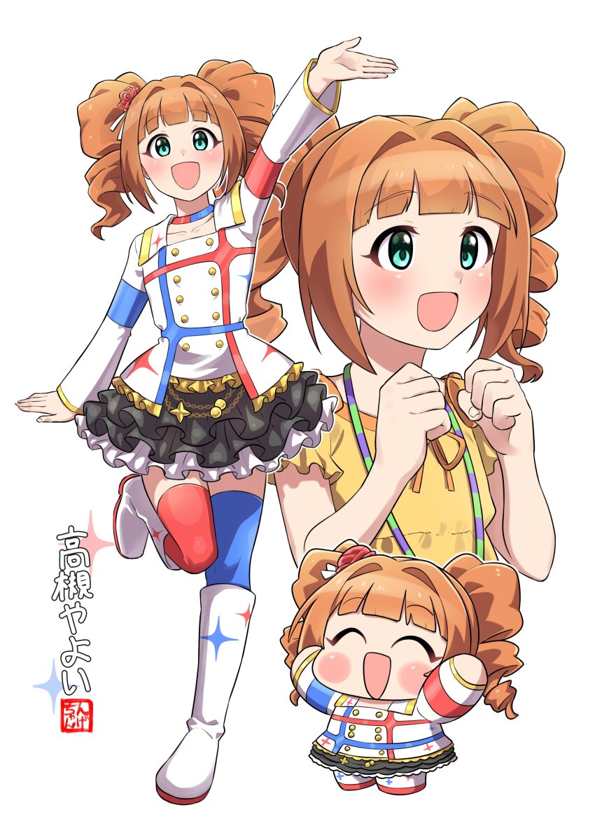 1girl :d ^_^ absurdres bag black_skirt blue_choker blue_thighhighs blunt_bangs blush blush_stickers boots casual chain character_name cheering chibi chibi_inset choker closed_eyes drill_hair eyelashes flower foot_up frilled_skirt frilled_sleeves frills full_body gold_trim hair_flower hair_intakes hair_ornament handbag highres idolmaster idolmaster_(classic) idolmaster_million_live! idolmaster_million_live!_theater_days long_sleeves looking_at_viewer medium_hair mismatched_thighhighs multicolored_choker multiple_views ngetyan official_alternate_costume open_mouth orange_hair orange_trim red_choker red_thighhighs shirt signature skirt smile solo sparkle sparkle_print standing standing_on_one_leg starpiece_memories_(idolmaster) takatsuki_yayoi thighhighs twintails upper_body waving white_background white_boots yellow_shirt