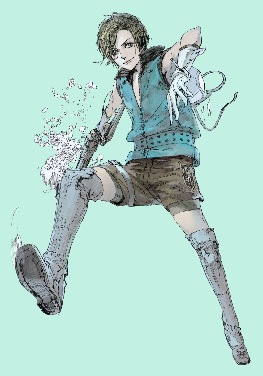 1boy absurdres amamiya_isa blonde_hair blue_eyes boots full_body gloves gun highres male_focus shorts simple_background sin_and_punishment solo suzuki_yasushi treasure_(developer) tsumi_to_batsu:_sora_no_koukeisha weapon