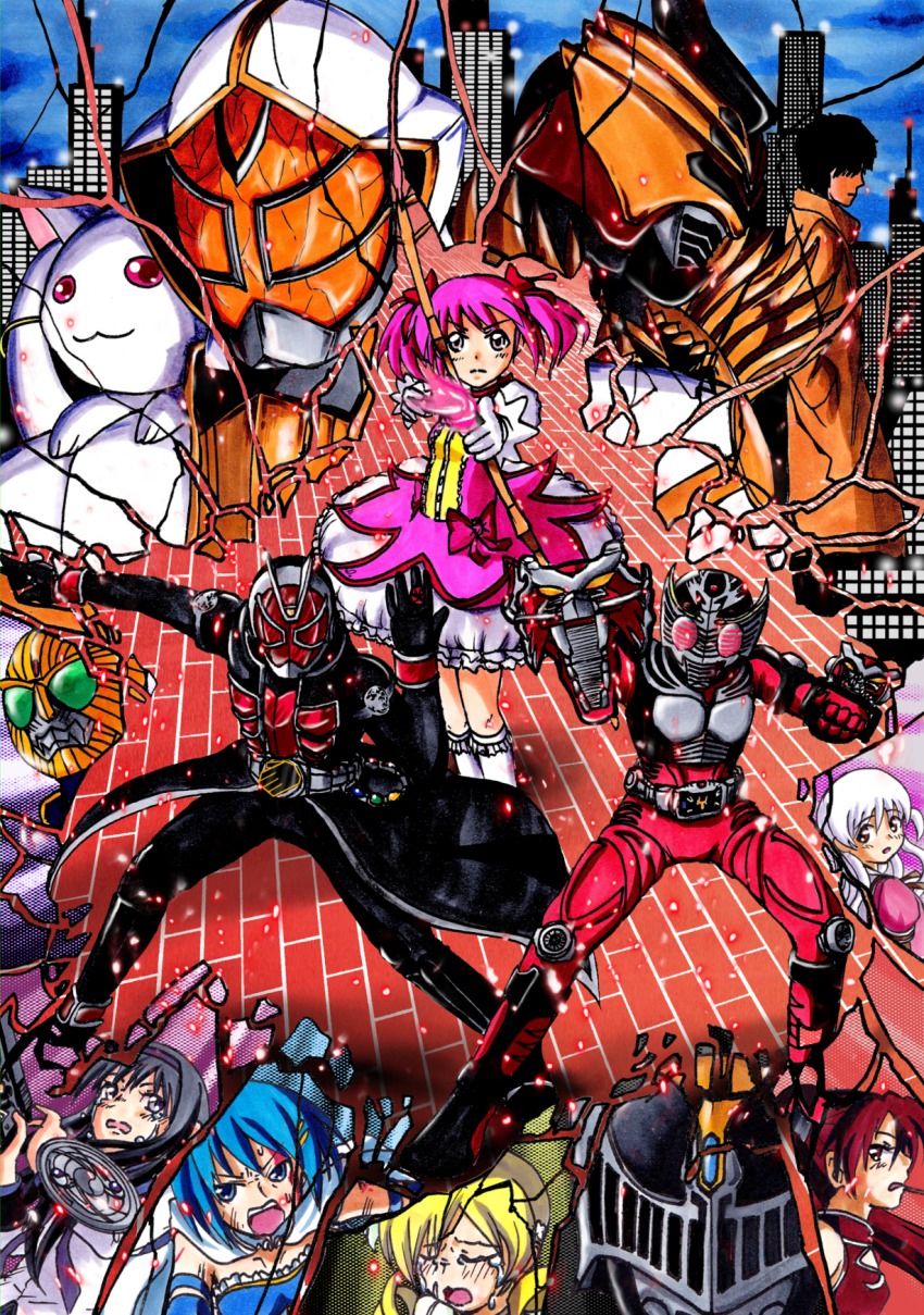 10s akemi_homura akemi_homura_(magical_girl) crossover highres kamen_rider kamen_rider_beast kamen_rider_knight kamen_rider_odin kamen_rider_ryuki kamen_rider_ryuki_(series) kamen_rider_wizard kamen_rider_wizard_(series) kaname_madoka kaname_madoka_(magical_girl) kanzaki_shiro kyubey mahou_shoujo_madoka_magica mahou_shoujo_madoka_magica:_hangyaku_no_monogatari miki_sayaka miki_sayaka_(magical_girl) momoe_nagisa multiple_boys multiple_girls sakura_kyoko sakura_kyoko_(magical_girl) tatsumi_kei_(t_k) the_white_wizard tomoe_mami tomoe_mami_(magical_girl) traditional_media weapon