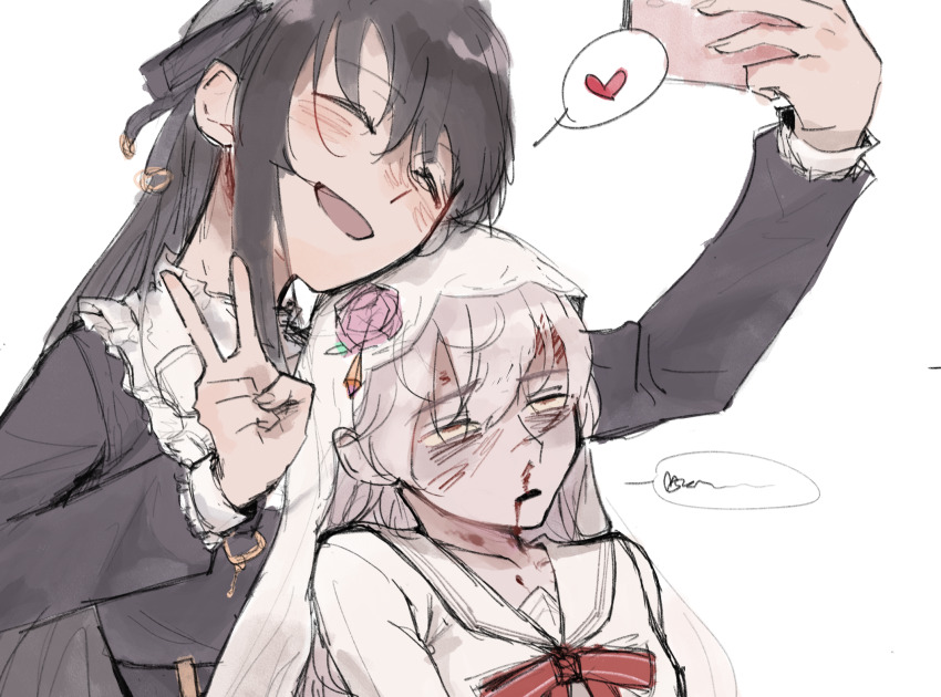 2girls :d ^_^ arcaea arm_up black_hair black_ribbon blood blood_on_face blush bruise cellphone chinese_commentary closed_eyes commentary_request double-parted_bangs earrings flower hair_ribbon happy heart highres hikari_(arcaea) hikari_(zero)_(arcaea) holding holding_phone injury jewelry long_hair long_sleeves multiple_girls napdayo neck_ribbon nosebleed open_mouth pain phone pink_flower red_ribbon ribbon rolling_eyes ryona sailor_collar sailor_shirt selfie shirt sidelocks simple_background sketch smartphone smile spoken_heart tairitsu_(arcaea) tairitsu_(axium)_(arcaea) upper_body v veil white_background white_hair white_sailor_collar white_shirt white_veil yandere yuri