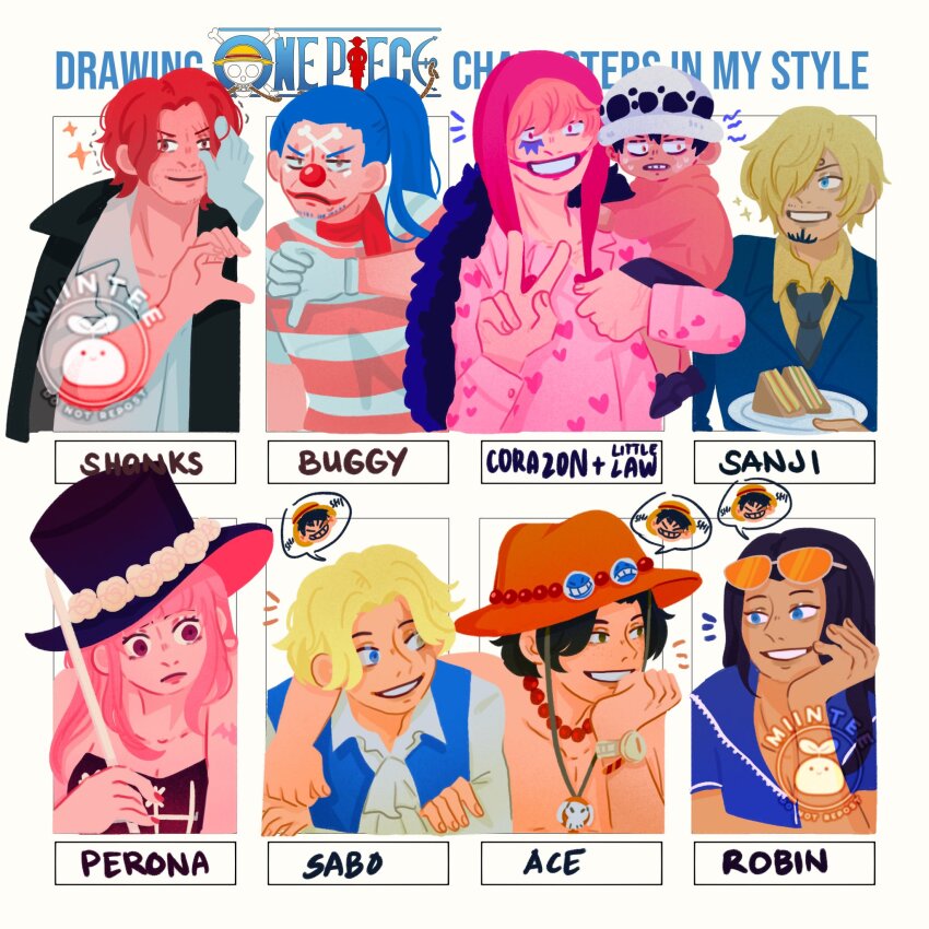2girls 6+boys aged_down blonde_hair blue_eyes blue_hair blue_vest blunt_bangs brothers buggy_the_clown character_name child commentary curly_eyebrows donquixote_rocinante english_commentary eyewear_on_head facial_hair formal_clothes gloves goatee hair_over_one_eye hair_slicked_back hat heart heart_print highres hood jacket jewelry log_pose long_hair miintee monkey_d._luffy multiple_boys multiple_drawing_challenge multiple_girls necklace nico_robin nico_robin_(return_to_sabaody) notice_lines one_piece orange-tinted_eyewear orange_hat pearl_necklace perona pink_hair ponytail portgas_d._ace red_hair red_nose sabo_(one_piece) sanji_(one_piece) shanks_(one_piece) shirt short-sleeved_jacket short_hair short_sleeves siblings smile suit talking thumbs_down tinted_eyewear topless_male trafalgar_law vest white_gloves yellow_shirt zipper