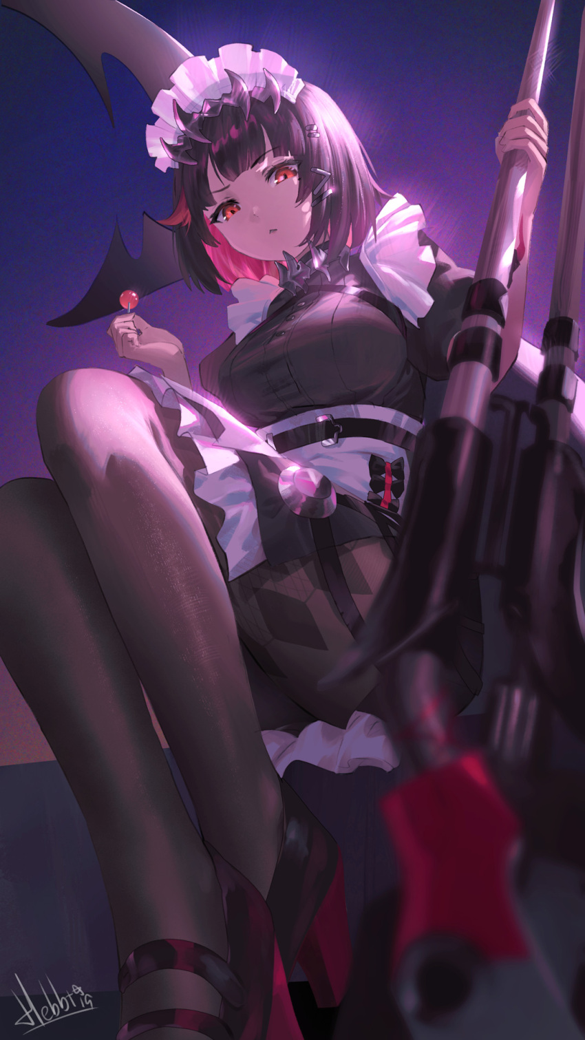 1girl black_hair black_pantyhose candy ellen_joe fins fish_tail food hebbtia highres holding holding_candy holding_food holding_lollipop lollipop looking_at_viewer maid_headdress multicolored_hair pantyhose red_eyes red_hair shark_tail sitting solo sword tail weapon zenless_zone_zero
