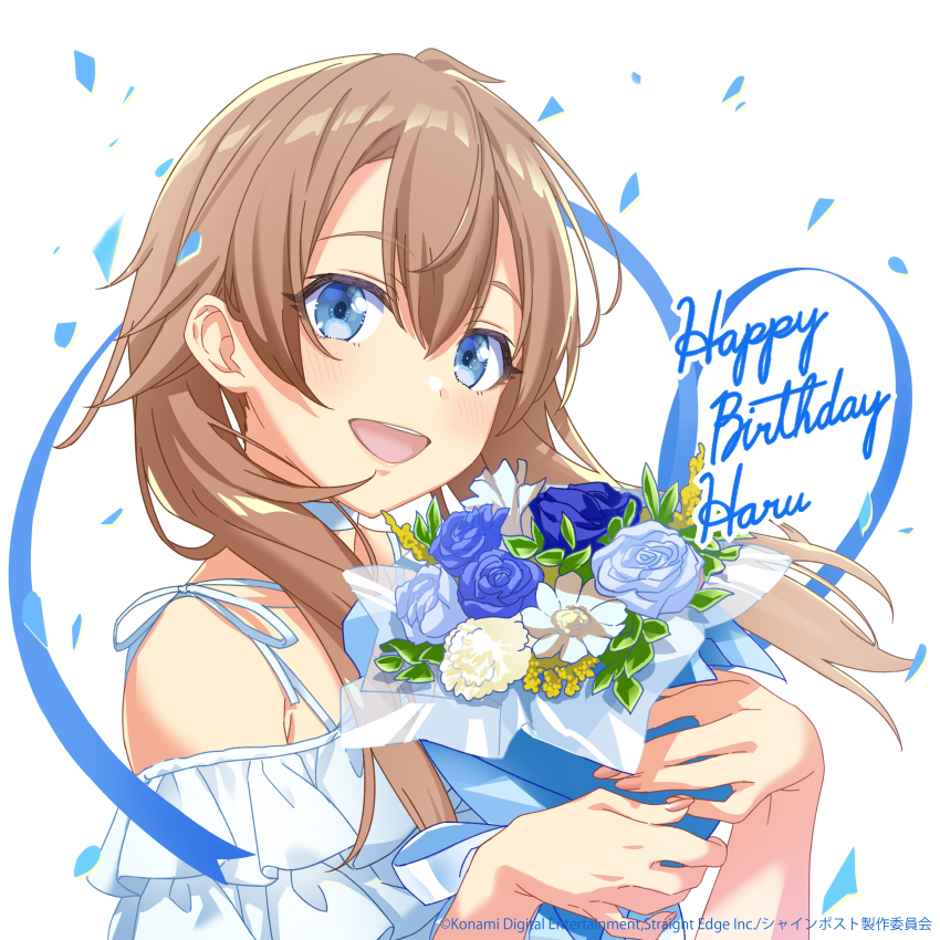 1girl absurdres artist_request bare_shoulders blue_eyes bouquet brown_hair confetti copyright_notice dress english_text flower happy_birthday highres holding holding_bouquet long_hair looking_at_viewer nabatame_haru official_art open_mouth shine_post simple_background solo teeth upper_body upper_teeth_only white_background white_dress
