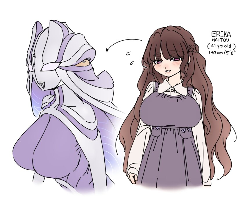 1girl blush bodysuit breasts brown_hair dress glowing glowing_eyes height helmet highres large_breasts long_hair mole mole_under_mouth nervous_sweating original paripariarts purple_eyes skin_tight smile sweat tokusatsu ultra_series