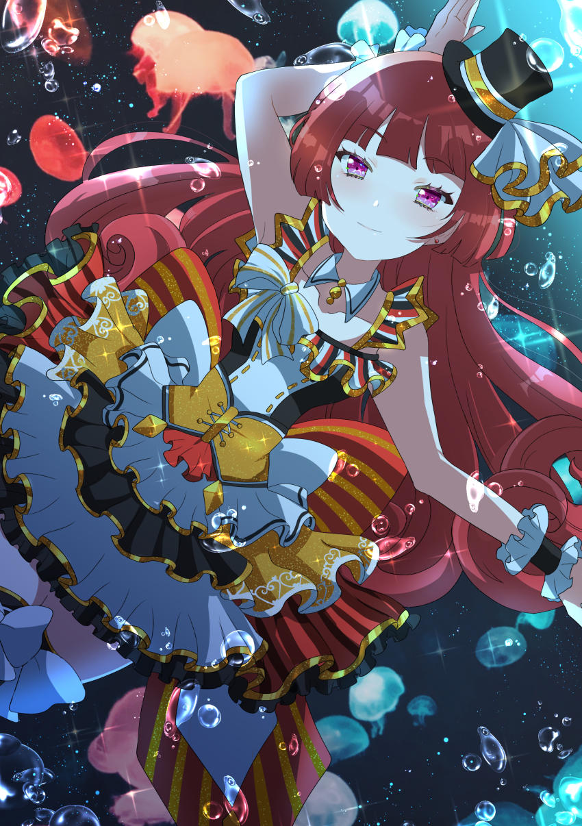 1girl absurdres air_bubble arm_up black_hat bow bubble closed_mouth detached_collar dress eyelashes frilled_wrist_cuffs frills hat highres hojo_sophy jellyfish long_hair looking_at_viewer mini_hat mini_top_hat pink_eyes pretty_series pripara red_hair shiraie smile solo sparkle striped_bow top_hat very_long_hair white_dress wrist_cuffs