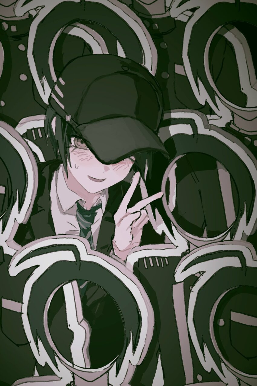 1boy ahoge black_hair black_hat black_jacket blush brown_eyes collared_jacket commentary_request danganronpa_(series) danganronpa_v3:_killing_harmony eyelashes green_theme hair_between_eyes hat highres jacket korean_commentary long_sleeves looking_at_viewer male_focus muted_color nekor0id nyapitalism open_mouth saihara_shuichi shirt short_hair smile solo sweat upper_body v