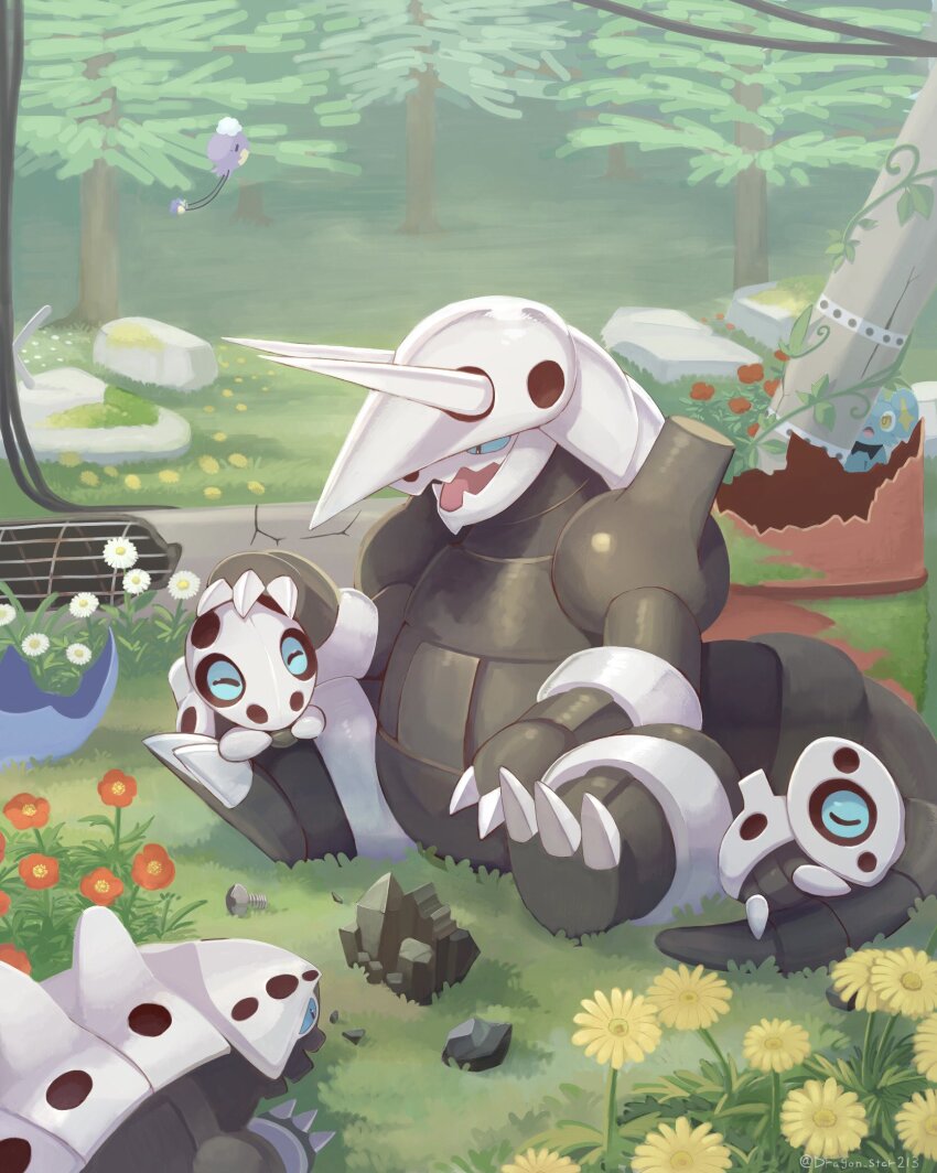 ^_^ aggron aron artist_name black_eyes blue_sclera claws closed_eyes colored_sclera commentary daisy_(flower) dragon_star213 drifloon drum_(container) evolutionary_line flower flying gen_3_pokemon gen_4_pokemon grass happy headpat highres horns in-universe_location lairon looking_at_another moss nintendo no_humans open_mouth outdoors plant pokemon pokemon_(creature) pokemon_sleep poppy_(flower) power_lines red_flower rock ruins shinx sitting sleeping sleeping_on_person smile tail tree twitter_username utility_pole vines white_flower yellow_eyes yellow_flower
