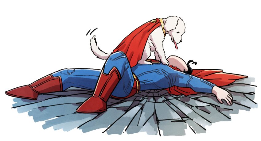 1boy absurdres animal black_hair blue_bodysuit bodysuit boots briefs cape concrete dc_comics ddalgi_nim dog highres knee_up krypto_the_superdog long_sleeves looking_at_another lying male_focus male_underwear on_back outstretched_arm red_boots red_cape short_hair simple_background superhero_costume superman superman_(series) superman_logo tail tail_wagging tongue tongue_out underwear white_background |_|