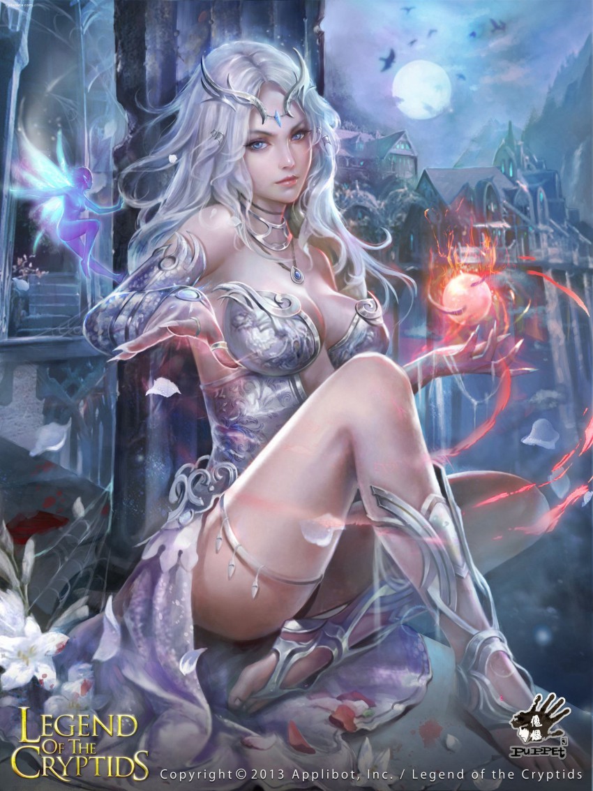 10s 1girl 2013 artist_name artist_request bare_shoulders barefoot barefoot_sandals_(jewelry) blue_eyes breasts cleavage dated elbow_gloves fairy female_focus fingernails gloves highres jewelry large_breasts legend_of_the_cryptids long_fingernails long_hair looking_at_viewer magic moon nail_polish necklace night night_sky orb petals ring sharp_fingernails sitting sky solo stairs tiara town white_hair white_nails