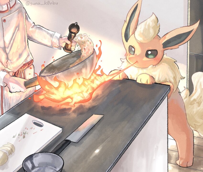 apron blush bowl breath_weapon breathing_fire bright_pupils commentary_request cooking cooking_pot cutting_board fire flareon food gen_1_pokemon grey_eyes highres holding indoors knife nintendo onion pepper_shaker pokemon pokemon_(creature) suna_k0nbu twitter_username white_pupils