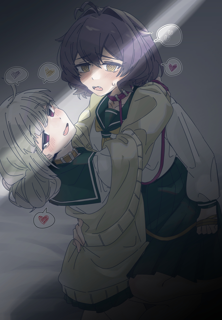 2girls @_@ absurdres ahoge araga_kiwi black_hair coat collar fangs green_hair heart highres hiiragi_utena holding holding_leash hug huru_p leash long_hair looking_at_viewer mahou_shoujo_ni_akogarete medium_hair multiple_girls on_bed purple_eyes school_uniform skirt smile spoken_heart yellow_eyes yuri