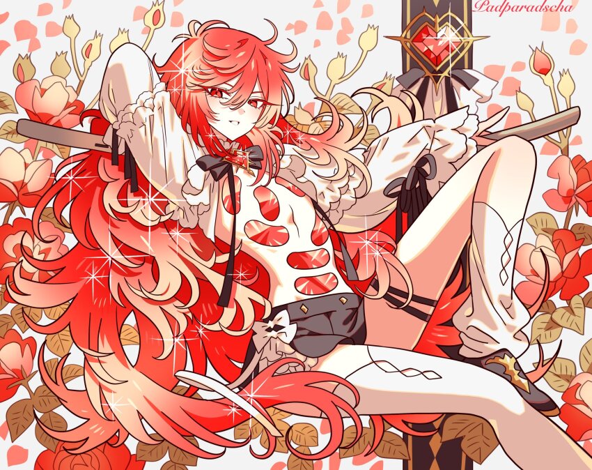 1other absurdly_long_hair androgynous black_footwear black_ribbon black_skirt character_name colored_eyelashes colored_skin crystal crystal_hair dress_shirt eyelashes flower gem_uniform_(houseki_no_kuni) glint hair_between_eyes highres holding holding_sword holding_weapon houseki_no_kuni long_hair long_sleeves looking_at_viewer meremero miniskirt open_clothes open_shirt padparadscha_(houseki_no_kuni) parted_lips red_eyes red_hair ribbon sheath shirt single_loose_sock single_thighhigh skirt socks solo sparkle sword thigh_strap thighhighs very_long_hair wavy_hair weapon white_shirt white_socks white_thighhighs
